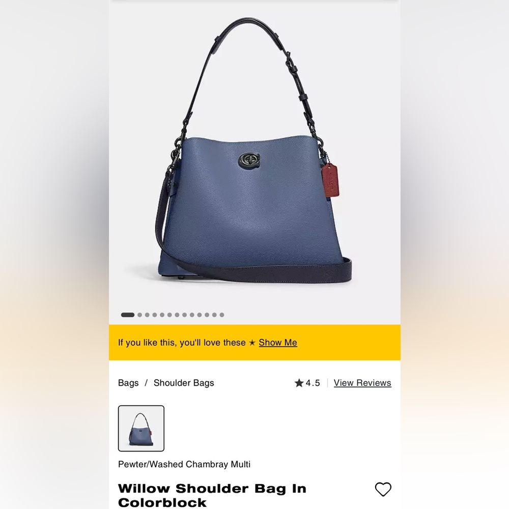 NWT Coach Willow Shoulder Bag in color blocks with 2 Straps Pebble Leather NWT